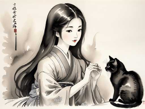 The image depicts a woman wearing traditional Japanese clothing and holding a cat with her left hand while gently petting the cat's head with her right hand. The background is a light beige color that contrasts with the dark colors of the woman's attire and the cat's fur.