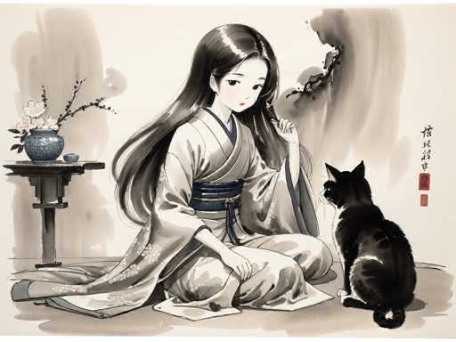 The image depicts a young girl and her black cat sitting on the floor next to each other. The girl is wearing traditional Japanese clothing, including a kimono with a blue sash around her waist. She holds a small object in her hand, possibly a flower or a piece of paper. The cat sits attentively beside her, its gaze fixed on the girl's hand.