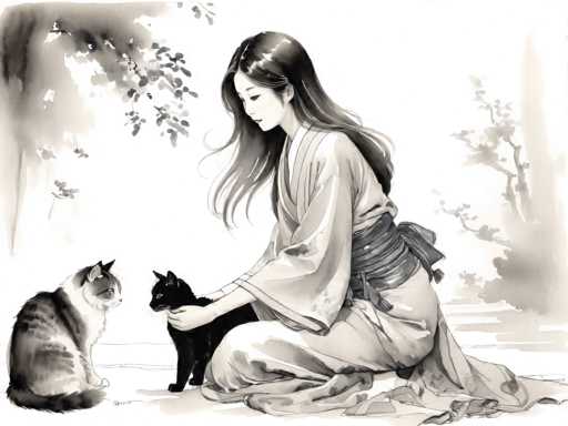 A woman dressed in traditional Japanese clothing is kneeling on a wooden floor and petting a black cat that is sitting next to her. The scene takes place outdoors with trees visible in the background.