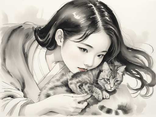 The image depicts a woman dressed in traditional Japanese clothing holding a cat on her lap. The cat is brown and white with black stripes.