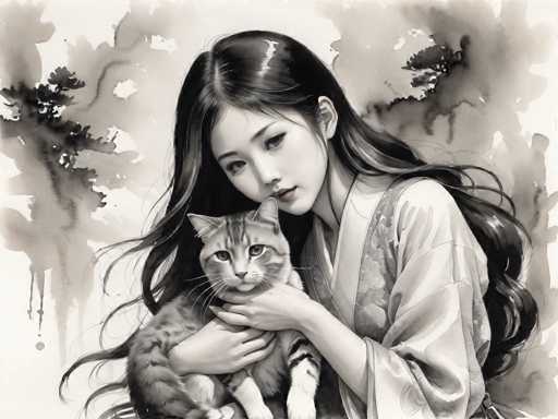 A black and white illustration depicting a woman wearing traditional Japanese clothing holding a cat with long whiskers and a pink nose.