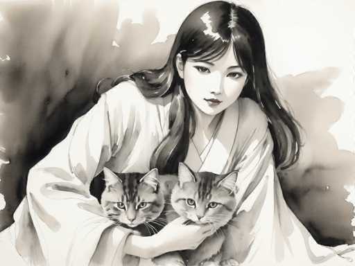 The image depicts a woman wearing a traditional Japanese kimono and holding two cats in her arms. The scene is set against a dark background with the woman's face partially obscured by one of the cats.