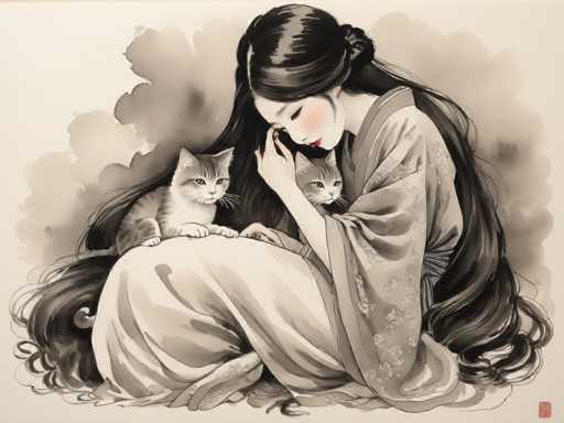The image depicts a woman wearing traditional Japanese clothing and holding two cats on her lap. The scene is rendered in black and white, with the woman's hair falling over her shoulders as she gazes at the cats.