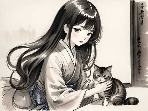 A black and white illustration depicting a young girl wearing a traditional Japanese kimono with long hair cascading down her back. The girl is holding the tail of a cat that has its paws on her arm.