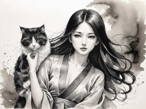 A black and white illustration depicting a young woman with long hair wearing traditional Japanese clothing. The woman is holding a cat on her shoulder while standing against a blurred background of watercolor splatters.