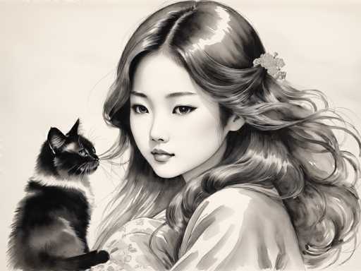 A black and white line drawing depicting a young woman with long hair wearing a traditional Japanese kimono. The woman is holding the tail of a cat that has its head tilted to one side.