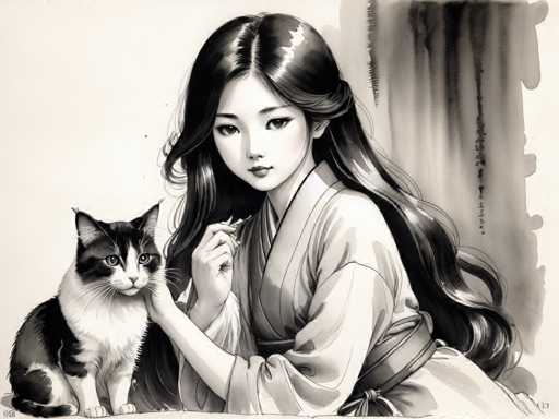 A black and white illustration depicting a young woman with long hair wearing traditional Japanese clothing, holding a cat on her lap while sitting against a tree trunk background.