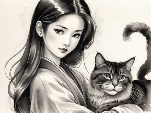 A black and white illustration depicting a young girl with long hair wearing traditional Japanese clothing holding a cat on her lap against a plain white background.