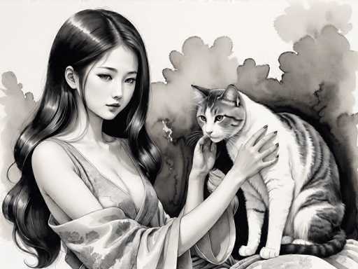 The image depicts a woman wearing a pink and white kimono with long dark hair, holding the tail of a cat that is sitting on her lap. The background features a blurred tree-filled area in black and white tones.