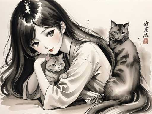The image depicts a woman wearing a white robe and holding two cats - one black and one gray. The scene is set against a beige background with Chinese characters visible on the right side of the image.