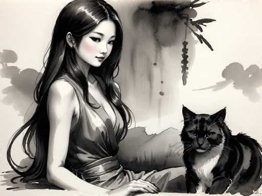 The image depicts a woman sitting on a bench with her cat beside her. The woman is wearing a black dress and the cat has white fur. They are positioned against a backdrop of trees and waterfalls.