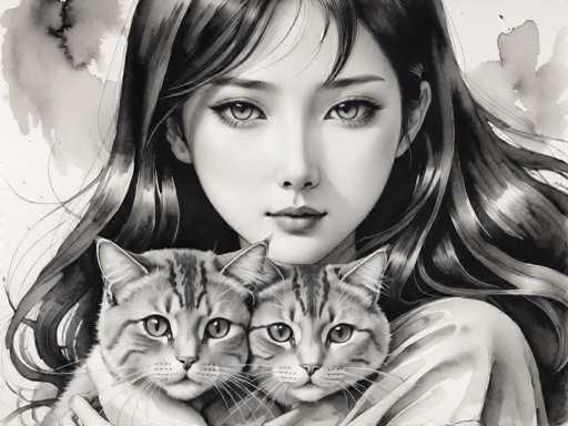 The image is a black and white portrait of a woman holding two cats. The woman has long hair and is wearing a white shirt. The cats have striped fur and are looking directly at the camera.