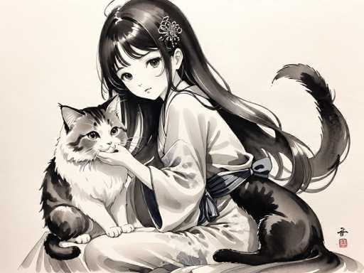A black and white illustration depicting a young girl with long hair wearing traditional Japanese clothing, holding a cat on her lap while sitting on the ground.