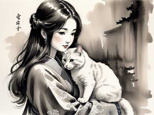 The image depicts a woman wearing traditional Japanese clothing and holding a white cat with pink ears. The background features an illustration of a temple surrounded by trees.