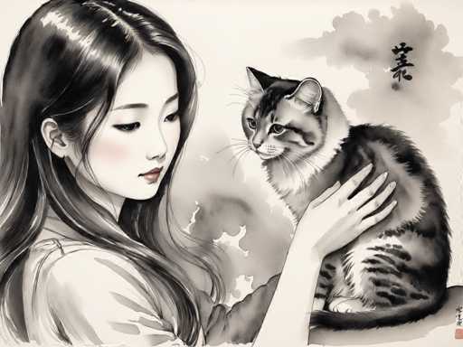 The image depicts a woman holding a cat on her lap. The cat is black and white with gray spots. The background features a cloudy sky and trees.