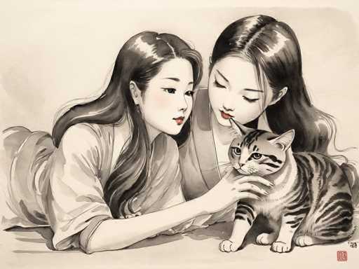 The image depicts two women sitting on a bed and looking at a cat that is lying down next to them. The woman on the left has long hair and is wearing a white dress, while the woman on the right has short hair and is wearing a black dress.