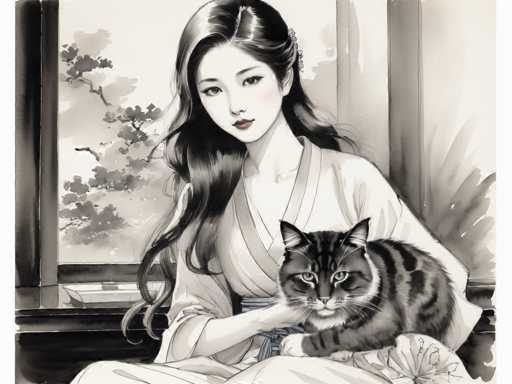A black and white illustration depicting a woman wearing a traditional Japanese kimono with long hair and holding a cat on her lap. The background shows a window overlooking trees outside the frame.