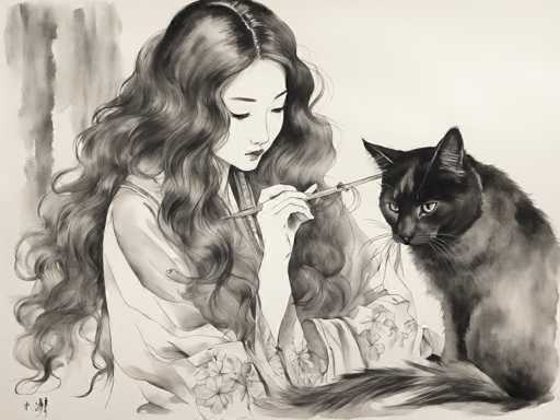 A black and white illustration depicting a woman with long hair wearing a traditional Chinese dress holding a brush and a cat sitting next to her on the ground.
