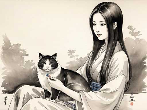 The image depicts a woman wearing traditional Japanese clothing and holding a cat with black and white fur. The art style is realistic, focusing on the details of the scene rather than abstract or surreal elements.