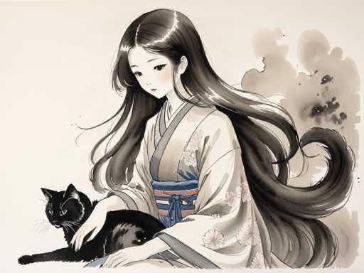 A woman with long dark hair is sitting on a bench and holding a black cat. The image has an artistic style that resembles traditional Japanese art.