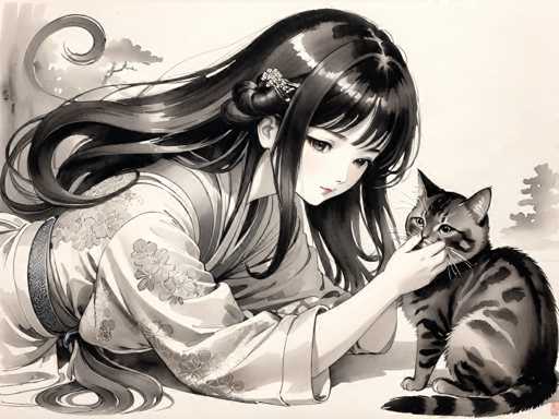 A black and white illustration depicting a young girl with long hair wearing traditional Japanese clothing lying on the ground next to a cat.