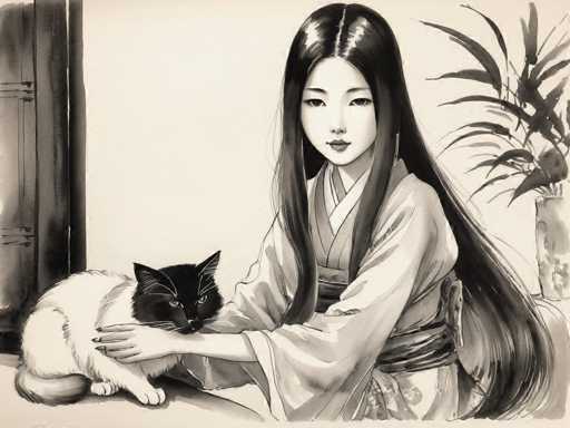 A woman wearing traditional Japanese clothing is sitting at a desk with her cat on the floor next to her.