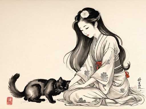 A black and white illustration depicting a woman dressed in traditional Japanese clothing seated on the ground with her hands resting on her lap while petting a cat that is lying down next to her.