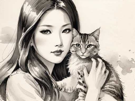 A black and white illustration depicting a woman with long hair holding a cat on her lap. The woman is wearing a dress and the cat has stripes of gray and brown fur.