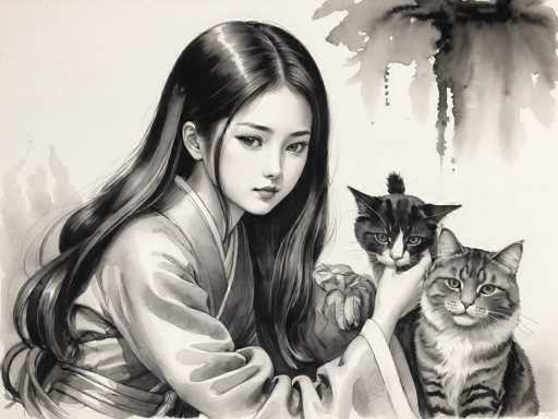 The image depicts a black and white illustration featuring a young girl with long hair wearing traditional Japanese clothing. She is holding two cats - one striped cat on her left side and another cat with a pink nose on her right side. The background of the image is filled with watercolor-style brushstrokes, creating an artistic and dreamy atmosphere.