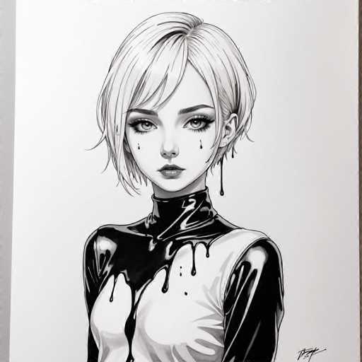 The image is a black and white line drawing depicting a young woman with short blonde hair wearing a tight-fitting outfit that includes a top hat and a skirt. The woman's face features a dramatic expression, with tears streaming down her cheeks.