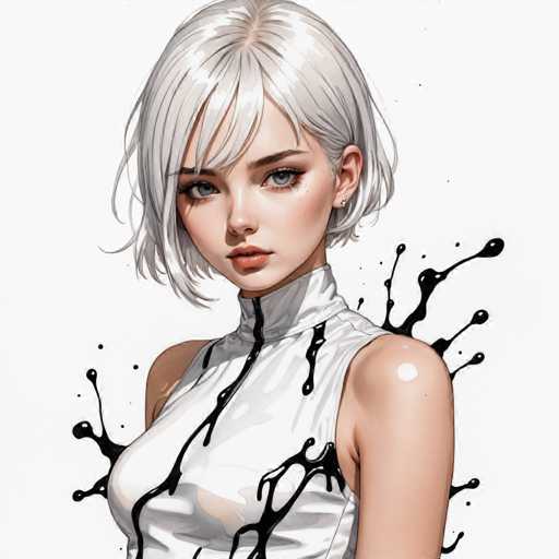 The image depicts a woman with blonde hair wearing a white dress and black makeup splatters on her face. The background is plain white, which contrasts with the vibrant colors of the woman's attire and makeup.