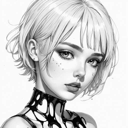 A black and white line drawing depicting a young woman with short blonde hair styled in an updo, wearing a tight corset that accentuates her figure. The woman's face is the focal point of the image, with a serious expression as she gazes directly into the viewer.