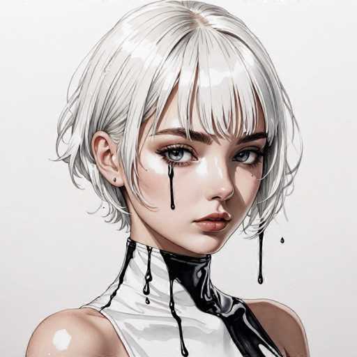 The image depicts a young woman with white hair and blue eyes wearing a black and white outfit that includes a collar and a necklace. The woman's face is painted with black paint, giving her an artistic and dramatic appearance.