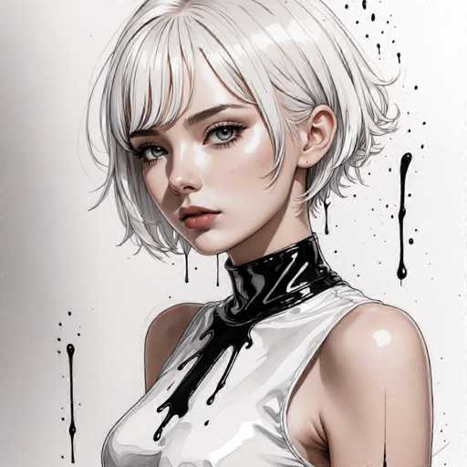 The image depicts a young woman with blonde hair wearing a white top and black collar. The background is white, which contrasts with the woman's dark hair. There are several black splatters scattered around her face and neck, adding an artistic touch to the overall composition.