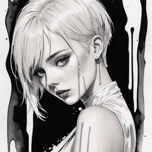 The image is a black and white portrait of a young woman with short hair and dark eyes. She is wearing a white dress that contrasts with the monochrome background. The woman's gaze is directed off to the side, and she has a slight smile on her face.