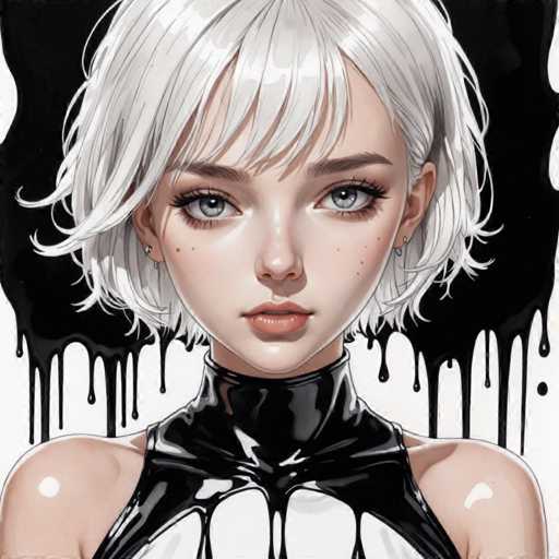 The image depicts a young woman with short blonde hair wearing a black and white outfit that includes a top hat and a collarless shirt. The background is black and features several drips of paint in various colors, creating an abstract and artistic effect.