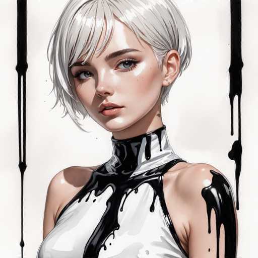 The image depicts a young woman with short blonde hair wearing a black and white dress that has black paint splattered on it. The background is plain white, which contrasts with the dark colors of her attire.