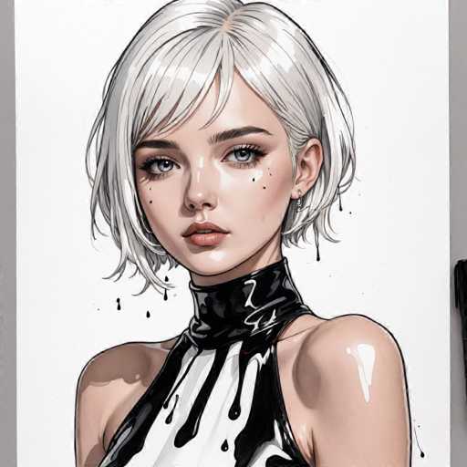 The image depicts a young woman with short blonde hair wearing a black and white dress. The woman is looking directly at the camera, her gaze steady and focused. The background of the image is plain white, providing a stark contrast to the woman's dark attire. There are no other objects or texts present in the image.