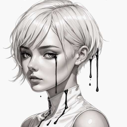 The image is a black and white portrait of a young woman with blonde hair. The woman's eyes are closed, and her face is drawn with a pencil. There are several drops of black paint on the woman's face, which appear to be falling or dripping down from her chin.