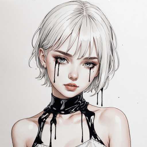 The image depicts a young woman with short blonde hair wearing a black choker necklace and a white dress. The woman's face is painted with black makeup, giving her a dramatic appearance. She has tears streaming down her face, adding to the emotional intensity of the scene.