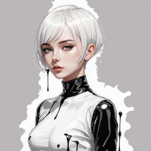 The image depicts a young woman with blonde hair and blue eyes wearing a black and white outfit that includes a top hat and a skirt. The background is a gradient of gray, which contrasts with the woman's attire and accentuates her presence in the scene.