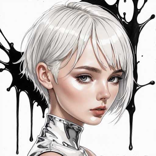 The image depicts a young woman with blonde hair and blue eyes wearing a silver necklace. The background is black and white, with splatters of paint adding an artistic touch to the scene.