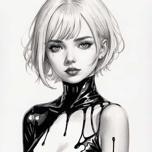 The image is a black and white portrait of a woman with blonde hair styled into bangs. She has a tight-fitting outfit that includes a corset and a gothic-style top hat on her head. The woman's face features a serious expression as she looks directly at the camera, creating an air of mystery and intrigue.