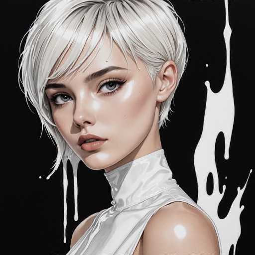 The image depicts a young woman with short blonde hair wearing a white top and collarless blouse against a black background speckled with white splatters. The artist's signature is visible in the bottom right corner of the image.