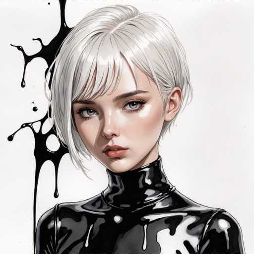 The image depicts a young woman with blonde hair wearing a black leather outfit and has a serious expression on her face. The background is white, which contrasts with the black elements of the image, making them stand out. There are no texts or other objects in the image, and the focus is solely on the woman's features and attire.