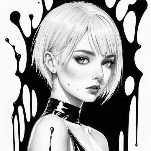 The image is a black and white portrait of a woman with blonde hair styled in a bob cut. She is wearing a tight-fitting dress that accentuates her figure. The background features a stark contrast to the subject's attire - it is covered in black paint splatters, creating an abstract backdrop for the woman.