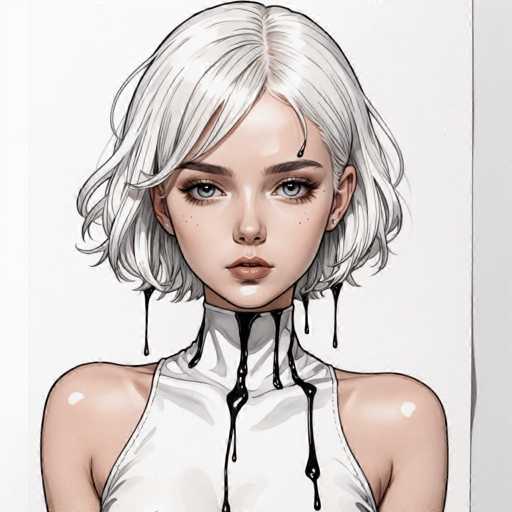 The image depicts a white-haired woman with blue eyes and a white tank top, her face partially obscured by black paint dripping down the sides of her neck and shoulders. The background is plain white, providing a stark contrast to the woman's vibrant appearance.