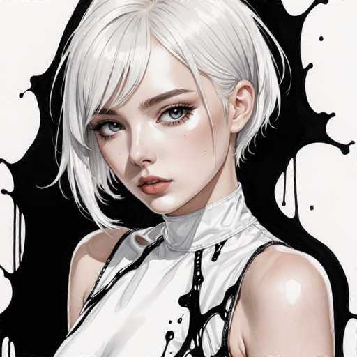 The image depicts a young woman with blonde hair wearing a white top and black dress. The background is black and white, with splatters of paint adding texture and depth to the scene. The woman's gaze is directed straight at the camera, creating an engaging visual narrative that draws the viewer into her world.