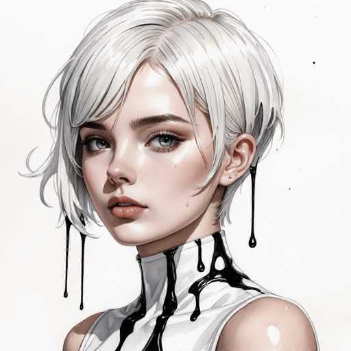 The image depicts a young woman with short blonde hair wearing a white top and black dress with black spots on it. The woman has a serious expression as she gazes directly at the camera.
