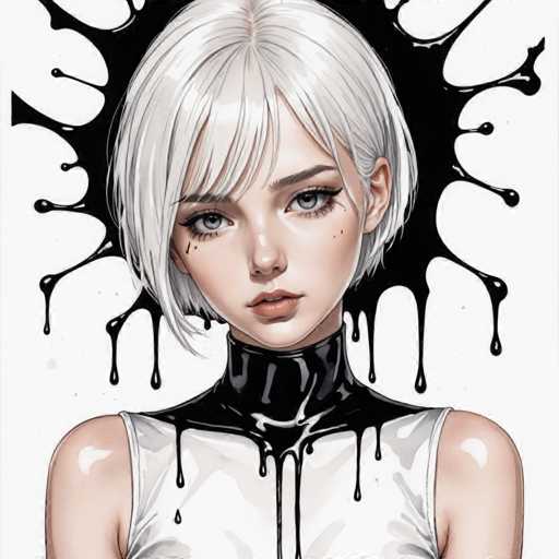 The image depicts a young woman with short blonde hair wearing a white tank top and black choker necklace. The woman's face is partially obscured by the black paint splatters that appear to be falling from above her head.